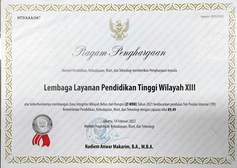 Piagam keberhasilan pembangunan ZI WBK Tahun 2021 berdasarkan penilaian TPI Kemendikbudristek (14 Februari 2022)